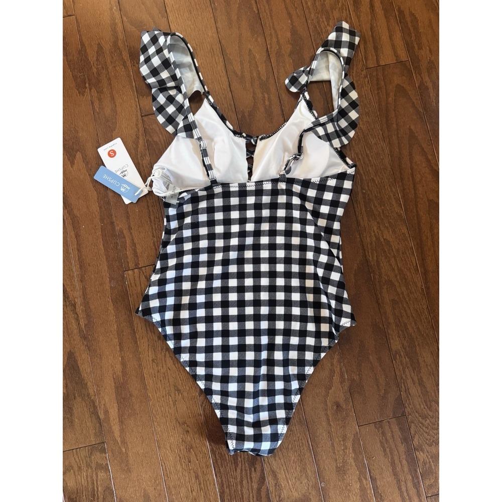 NWT's Cupshe One Piece Swimsuit Sz S Black White Gingham Ruffle Lace Up - Picture 2 of 4